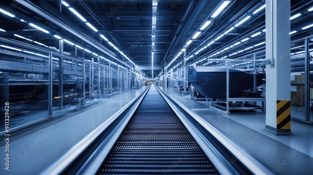Empty conveyor belt in a high-tech production line, surrounded by state-of-the-art equipment.