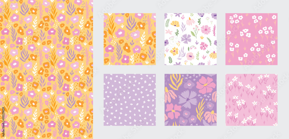 Floral seamless pattern set, trendy graphic digital papers with botanical elements, flowers, leaves for your design. Hand drawn collection. Vector illustration. Floral seamless pattern set, trendy graphic digital papers with botanical elements, flowers, leaves for your design. Hand drawn collection. Vector illustration.