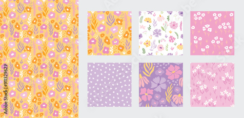 Floral seamless pattern set, trendy graphic digital papers with botanical elements, flowers, leaves for your design. Hand drawn collection. Vector illustration.