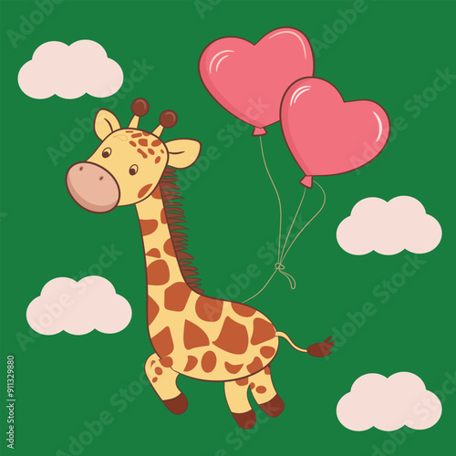 Hand-drawn giraffe cartoon flying with love-shaped balloons
