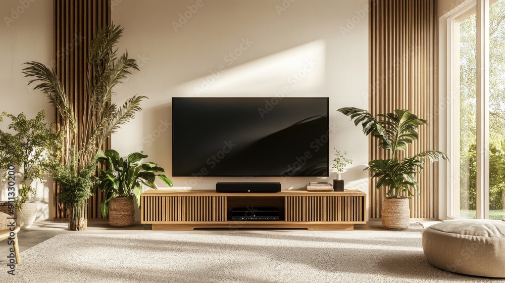 Modern Living Room with Flat Screen TV and Indoor Plants in Natural Light Modern Living Room with Flat Screen TV and Indoor Plants in Natural Light