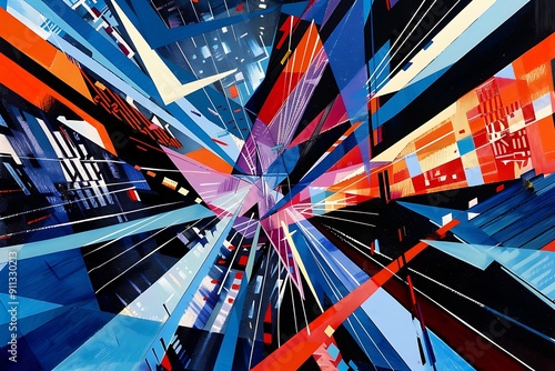 A dynamic burst of geometric patterns and vibrant lines, electric blues and fiery reds, capturing a sense of motion, Constructivist style