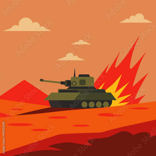 armored tank crosses a mine field during war invasion epic scene of fire and some in the desert, wide poster design with copy space area