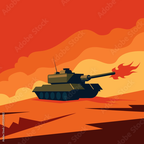armored tank crosses a mine field during war invasion epic scene of fire and some in the desert, wide poster design with copy space area