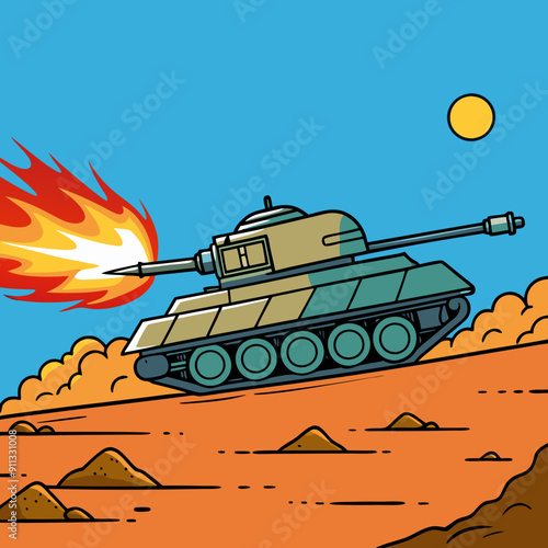armored tank crosses a mine field during war invasion epic scene of fire and some in the desert, wide poster design with copy space area