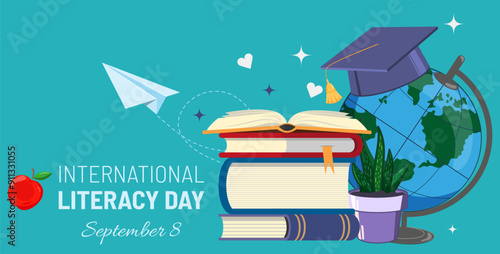 World Literacy Day Minimalists Banner Concept. World Book Day Festival, Book Sale Vector Illustration.
