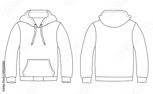 Hoodie drawn outline illustration technical fashion illustration. front and back view