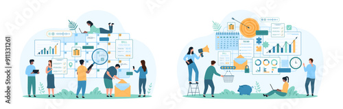 Business tasks management and strategy organization, schedule planning set. Tiny people study checkbox of event date with magnifying glass, manage digital data in planner cartoon vector illustration