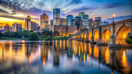 Minneapolis Skyline at Dusk: A Serene Tapestry of Light and Shadow  AI Generated