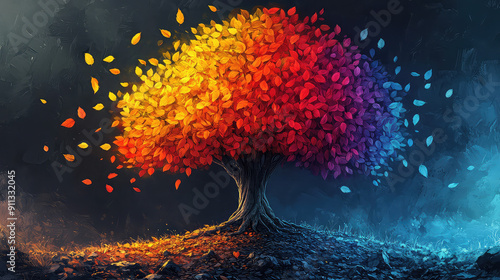 Fototapeta Naklejka Na Ścianę i Meble -  Elegant colorful tree with vibrant leaves hanging branches illustration background. Bright color 3d abstraction wallpaper for interior mural painting wall art decor. Ai	