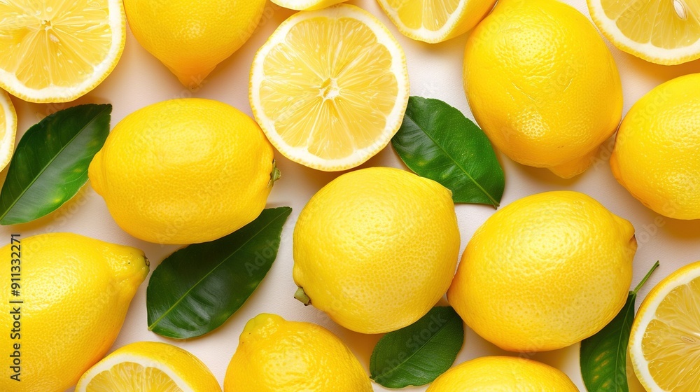 A group of yellow lemons surrounded by green foliage on a white background, with a few more lemons visible in the distance A group of yellow lemons surrounded by green foliage on a white background, with a few more lemons visible in the distance