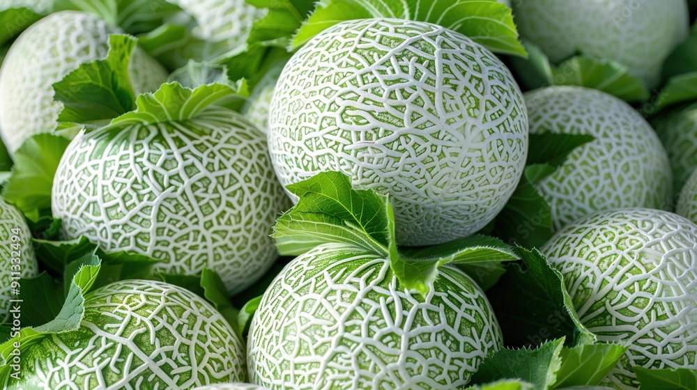 several fruits, surrounded by green foliage, showcases white fruit with green leaves on top several fruits, surrounded by green foliage, showcases white fruit with green leaves on top