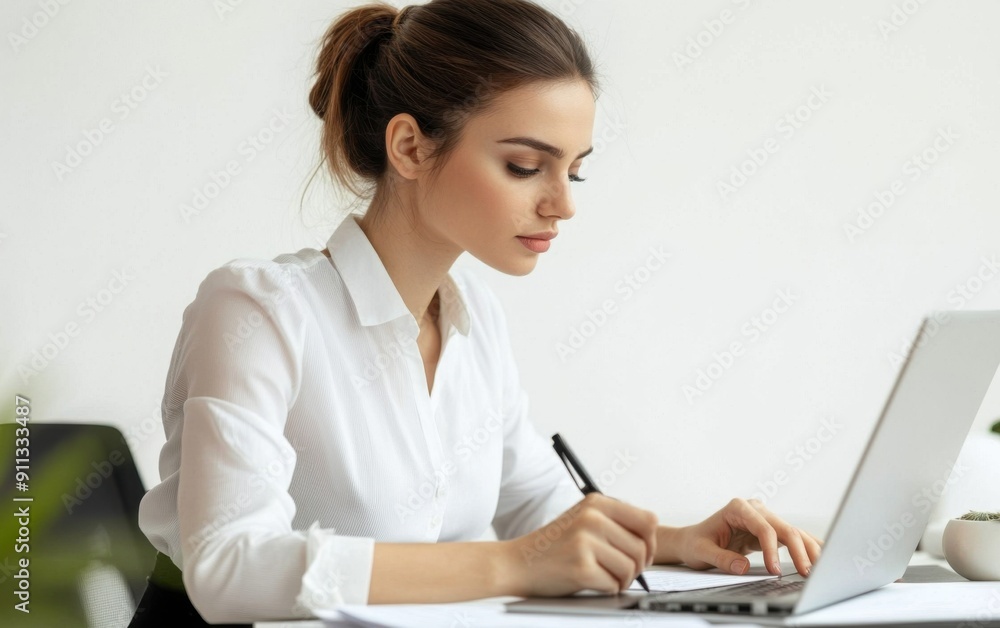 A businesswoman is sitting at her desk, writing on paper with a pen and looking into her laptop screen. She has brown hair tied back in a ponytail style, wears a white shirt and black pants. A businesswoman is sitting at her desk, writing on paper with a pen and looking into her laptop screen. She has brown hair tied back in a ponytail style, wears a white shirt and black pants.