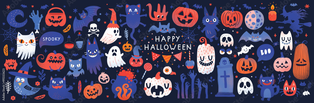 Halloween graphic elements - pumpkins, ghosts, zombie, owl, cat, candy and others. Hand drawn set. Vector illustration. Halloween graphic elements - pumpkins, ghosts, zombie, owl, cat, candy and others. Hand drawn set. Vector illustration.