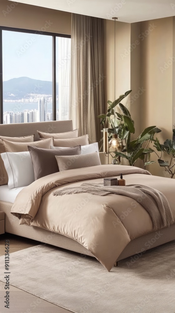 A neatly made white bed featuring luxurious silk bedding in a bright, minimalist bedroom with ample natural light A neatly made white bed featuring luxurious silk bedding in a bright, minimalist bedroom with ample natural light