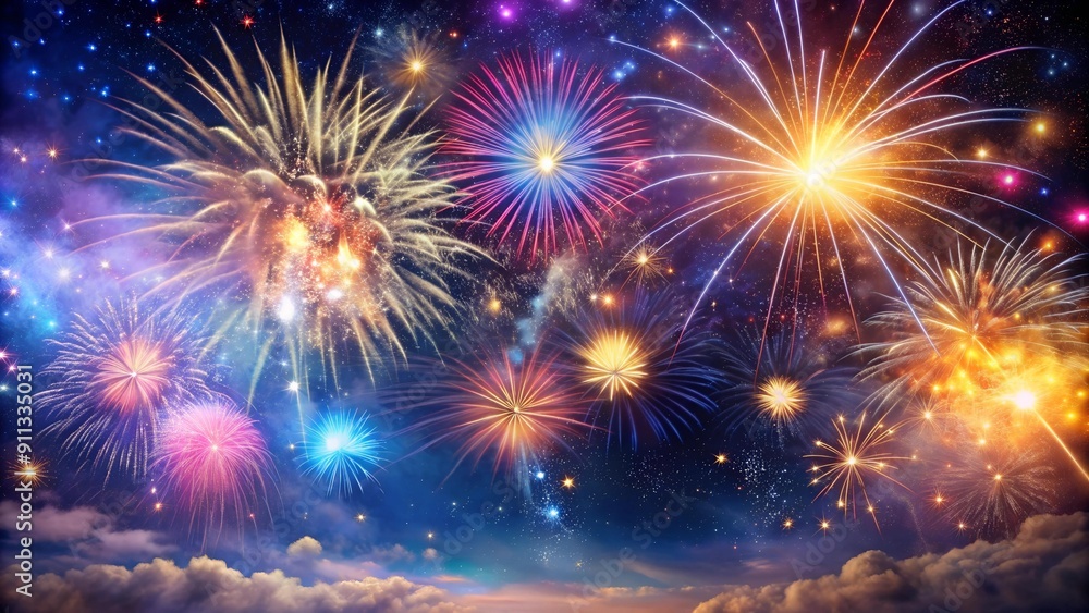 Naklejka premium Celestial Symphony: A Tapestry of Fireworks Illuminating the Night Sky AI generated
