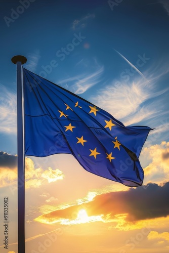 A striking photograph captures the European Union flag, its stars shining brightly against a backdrop of a captivating sunset sky.