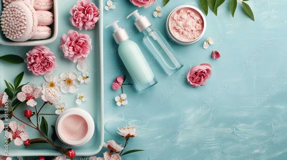 Blue tray topped with pink flowers, body butter and lotion beside Blue tray topped with pink flowers, body butter and lotion beside