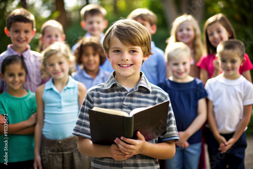 Happy smiling boy with bible in hands near sunday school children