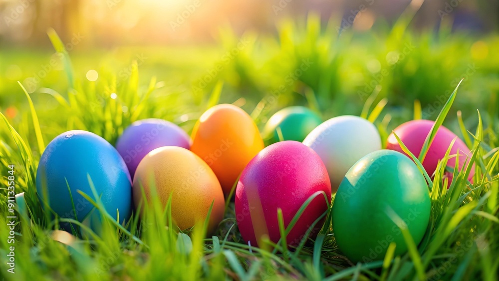A Burst of Color: Easter Eggs Nestled in the Grass Generative AI A Burst of Color: Easter Eggs Nestled in the Grass Generative AI