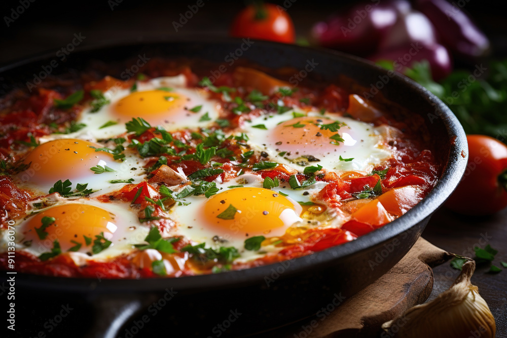 shakshuka, on a wooden table. healthy food. shakshuka, on a wooden table. healthy food.
