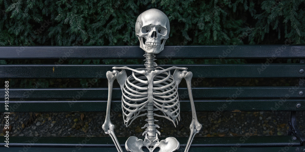 Human skeleton sitting alone on a park bench, the concept of loneliness and endlessly waiting for love, forever waiting for true love Human skeleton sitting alone on a park bench, the concept of loneliness and endlessly waiting for love, forever waiting for true love