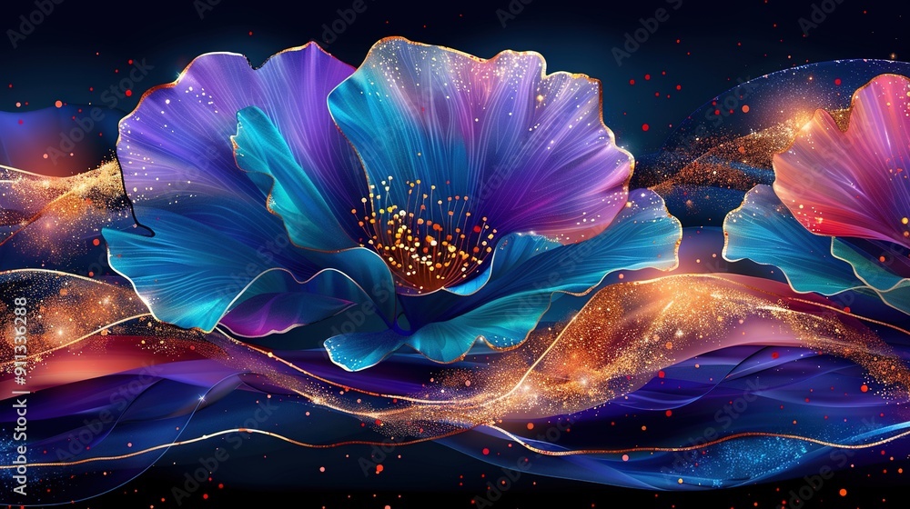 Obraz premium A painting of a blue-purple flower against a black backdrop, featuring gold and blue swirls and sparkles
