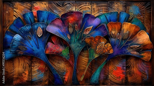   Wooden surface, grouped flowers in a painting, framed with brown