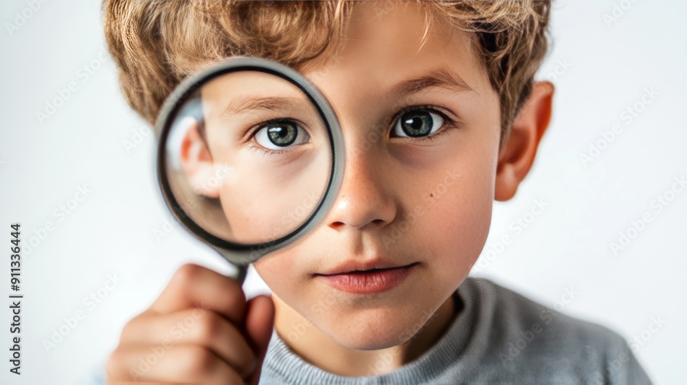 Curious Boy Examining the World Through a Magnifying Glass with Intense Focus Curious Boy Examining the World Through a Magnifying Glass with Intense Focus