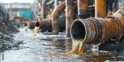 Industrial wasteland with rusty old dirty pipes, flowing toxic sludge into a polluted river. Pollution of sewage and water bodies photo