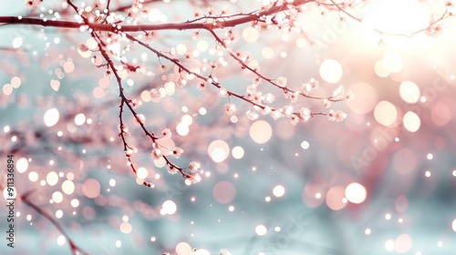  The photo is unclear with several blurred images of a tree branch having numerous air bubbles scattered around the limbs, while the sun is positioned behind it