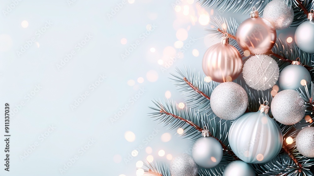 A Christmas tree with ornaments on its branches against a blue backdrop featuring a white and gold Christmas ornament A Christmas tree with ornaments on its branches against a blue backdrop featuring a white and gold Christmas ornament