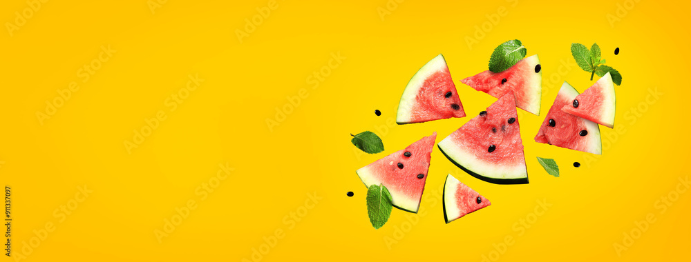 Fototapeta premium Pieces of ripe watermelon scatter in different directions on a orange background. Watermelon slices and mint leaves on a yellow background. Fresh red watermelon slices. Composition. Collage