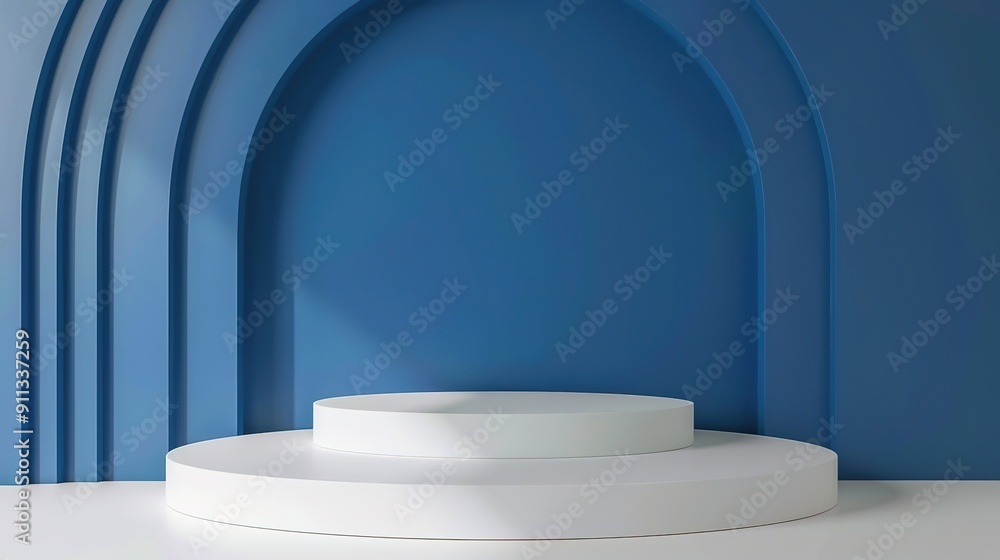 Blue Background with White Circular Platform: Minimalist Display for Products Blue Background with White Circular Platform: Minimalist Display for Products