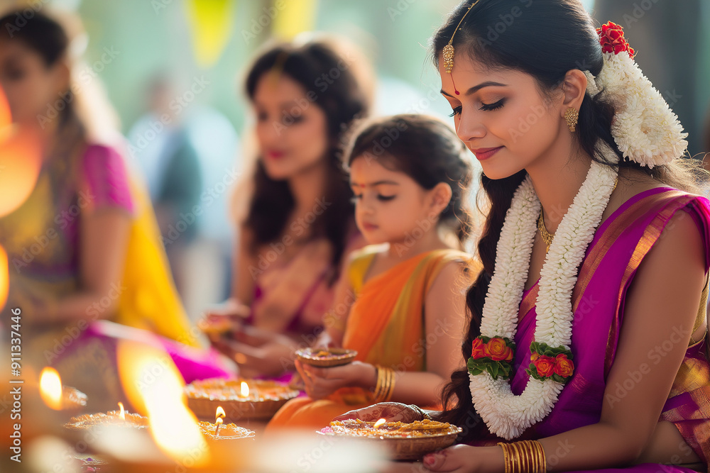Fototapeta premium Indian Women and Child Celebrating Diwali with Diyas, Traditional Attire