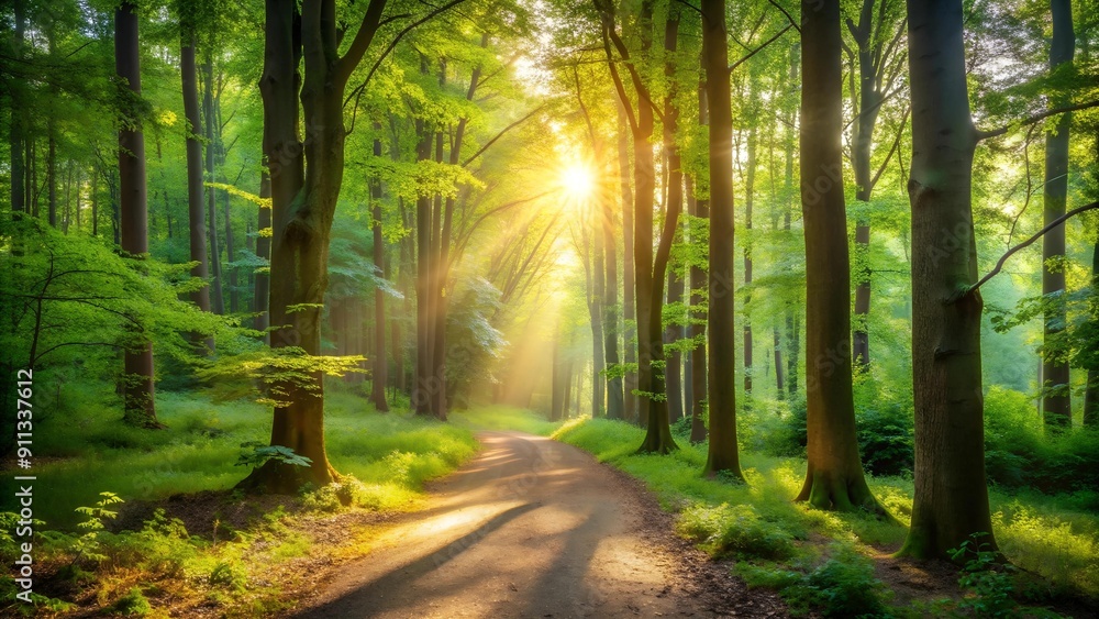 Obraz premium Sunlight Dappled Path in a Deciduous Forest AI Generated