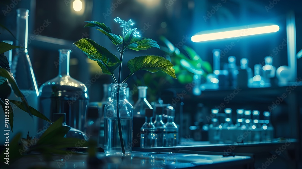 Glowing Botanicals in High-Tech Laboratory for Synthetic Biology Experiments