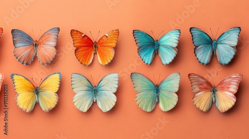   A diverse cluster of butterflies adorns an orange surface, with one flutterfly positioned similarly photo