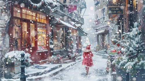 figurative colorist watercolor illustration of a holiday card snow store, in the style of crimson