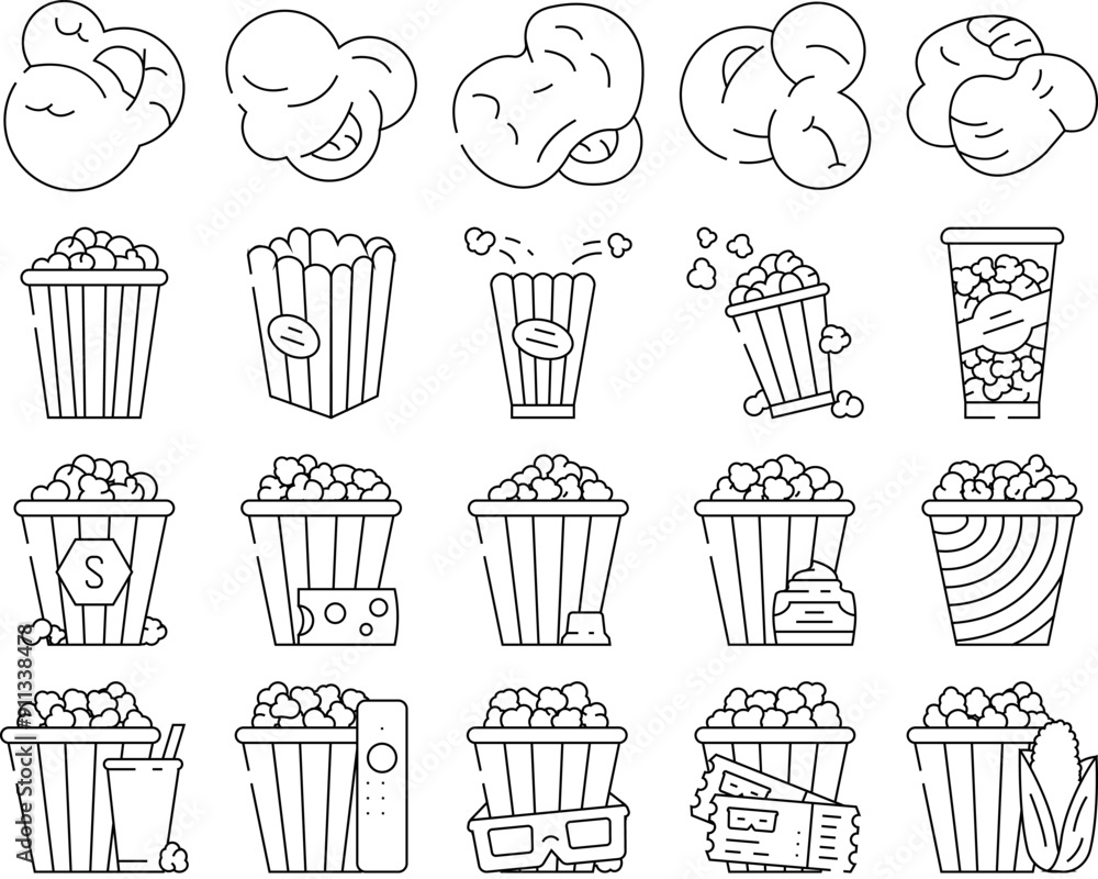 popcorn food snack cinema icons set vector. movie corn, pop bucket, entertainment box, delicious, tasty film, red white striped popcorn food snack cinema black contour illustrations popcorn food snack cinema icons set vector. movie corn, pop bucket, entertainment box, delicious, tasty film, red white striped popcorn food snack cinema black contour illustrations