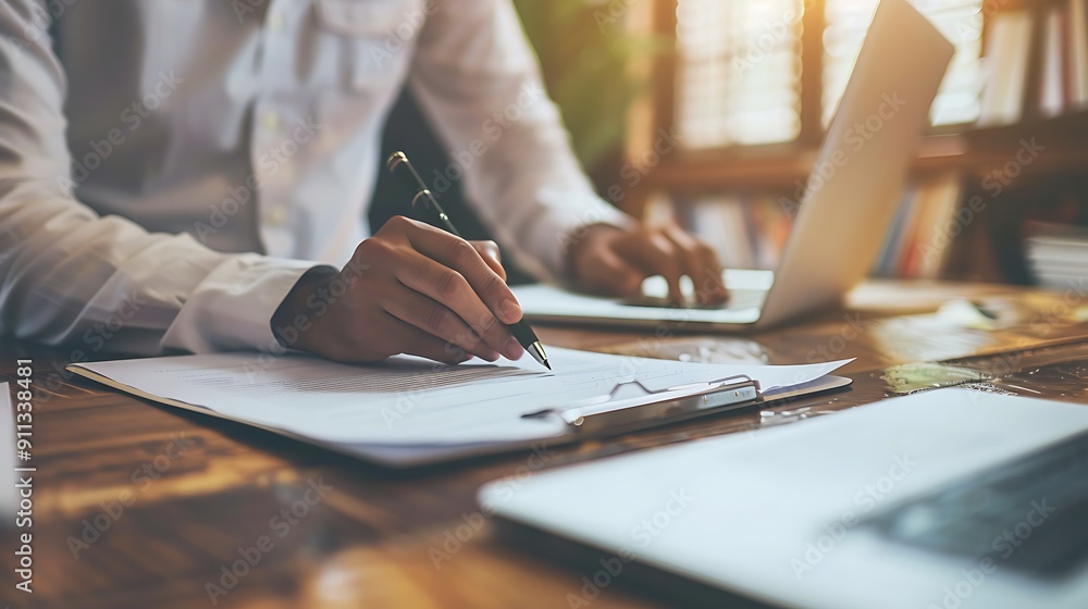 A Gulf Arab man is sitting at a table writing with a pen on a piece of paper. A Gulf Arab man is sitting at a table writing with a pen on a piece of paper.