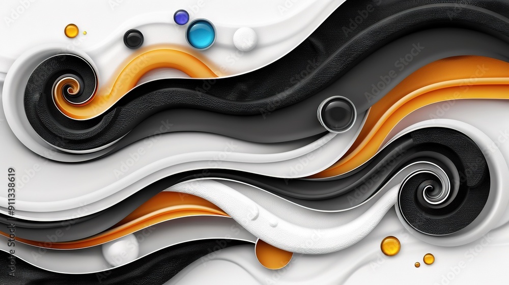 White and black abstract background with orange and blue circles overlaying wavy lines in the foreground White and black abstract background with orange and blue circles overlaying wavy lines in the foreground