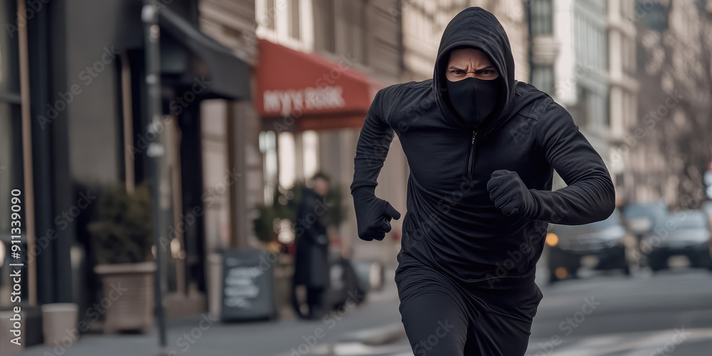 Thief running on the street. Unrecognizable robber in black hoodie and mask running away from crime scene, crime in the city Thief running on the street. Unrecognizable robber in black hoodie and mask running away from crime scene, crime in the city