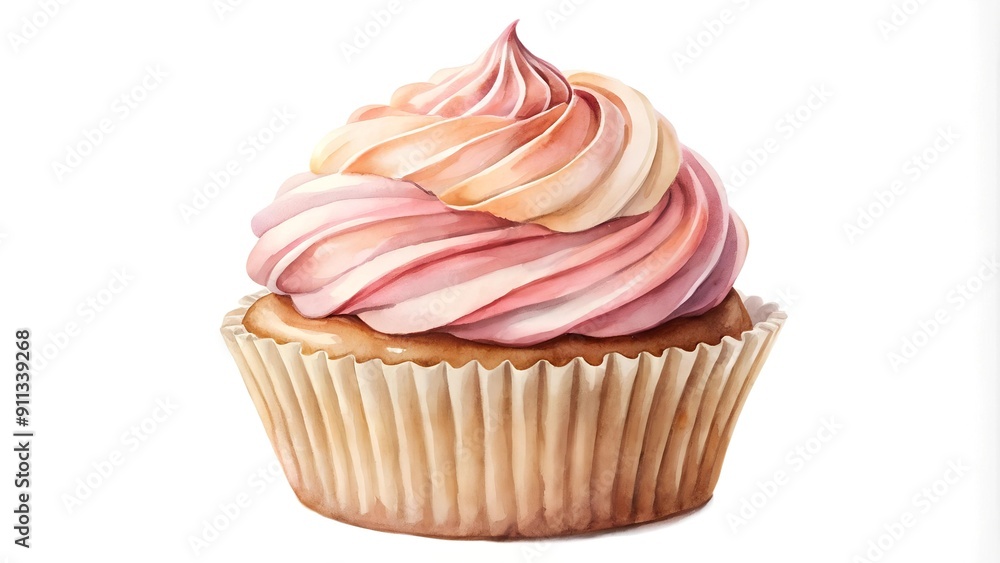 Watercolor Cupcake with Pink and White Swirls - A Delicate Delight AI Generated Watercolor Cupcake with Pink and White Swirls - A Delicate Delight AI Generated