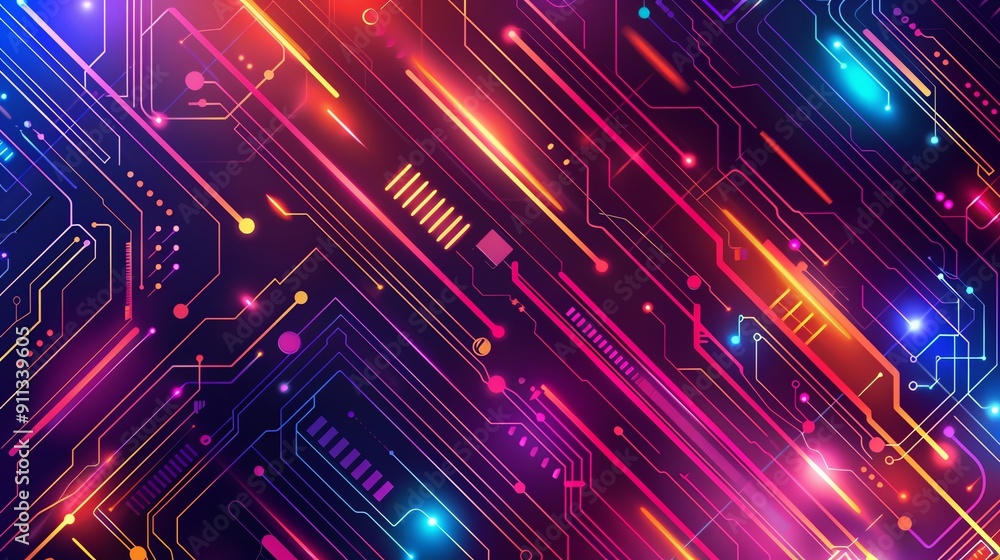 Dynamic abstract design showcasing colorful circuit lines on a sleek dark background Dynamic abstract design showcasing colorful circuit lines on a sleek dark background