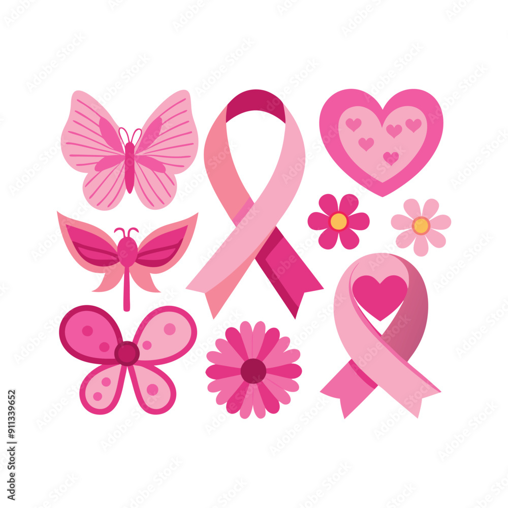 A set of pink ribbon, flowers, butterflies and hearts breast cancer awareness elements vector design illustration A set of pink ribbon, flowers, butterflies and hearts breast cancer awareness elements vector design illustration
