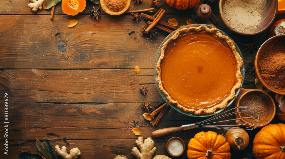 Process of making Pumpkin Pie for Thanksgiving Day on rustic wooden background. Seasonal traditional autumn cake for festive dinner. Top view. Pumpkin pie with ingredients, recipe, menu, copy space