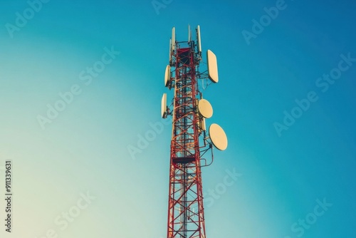 A tall internet antenna tower against a clear blue sky, with multiple antennas and satellite dishes attached