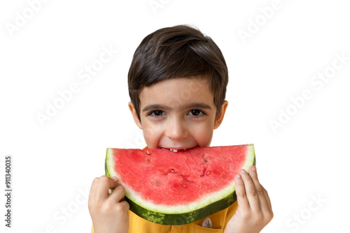 Boy holding slice of watermelon. Happy child on white background. Summer concept. Portrait