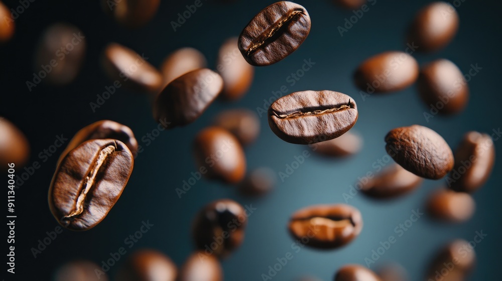 Close-up of coffee beans in different shades of brown, falling in various directions on a dark background. Close-up of coffee beans in different shades of brown, falling in various directions on a dark background.